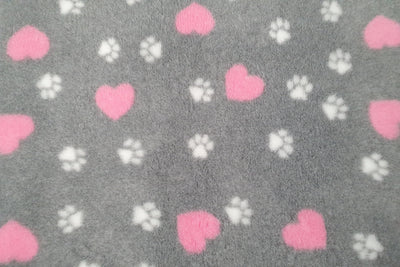 Vet Bed - No Backing - Grey with White Paws and Pink Hearts