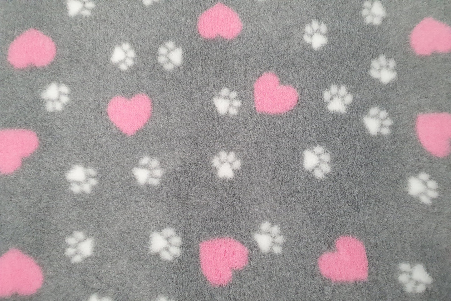 Vet Bed - Green Backed - Grey with White Paws and Pink Hearts