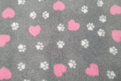 Vet Bed - Green Backed - Grey with White Paws and Pink Hearts