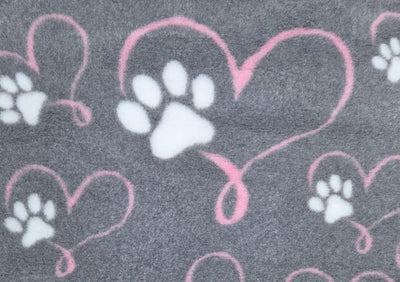 Vet Bed - Rubber Backed - Grey with Pink Love Hearts and White Paws