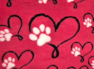 Vet Bed - Rubber Backed - Cerise with Black Love Hearts and White Paws