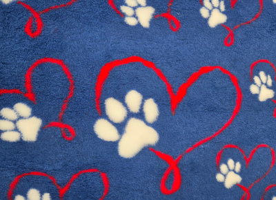 Vet Bed - Green Backed - Navy Blue with Red Love Hearts and White Paws