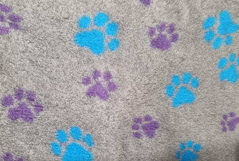 Vet Bed - Green Backed - Grey with Purple and Teal Paws