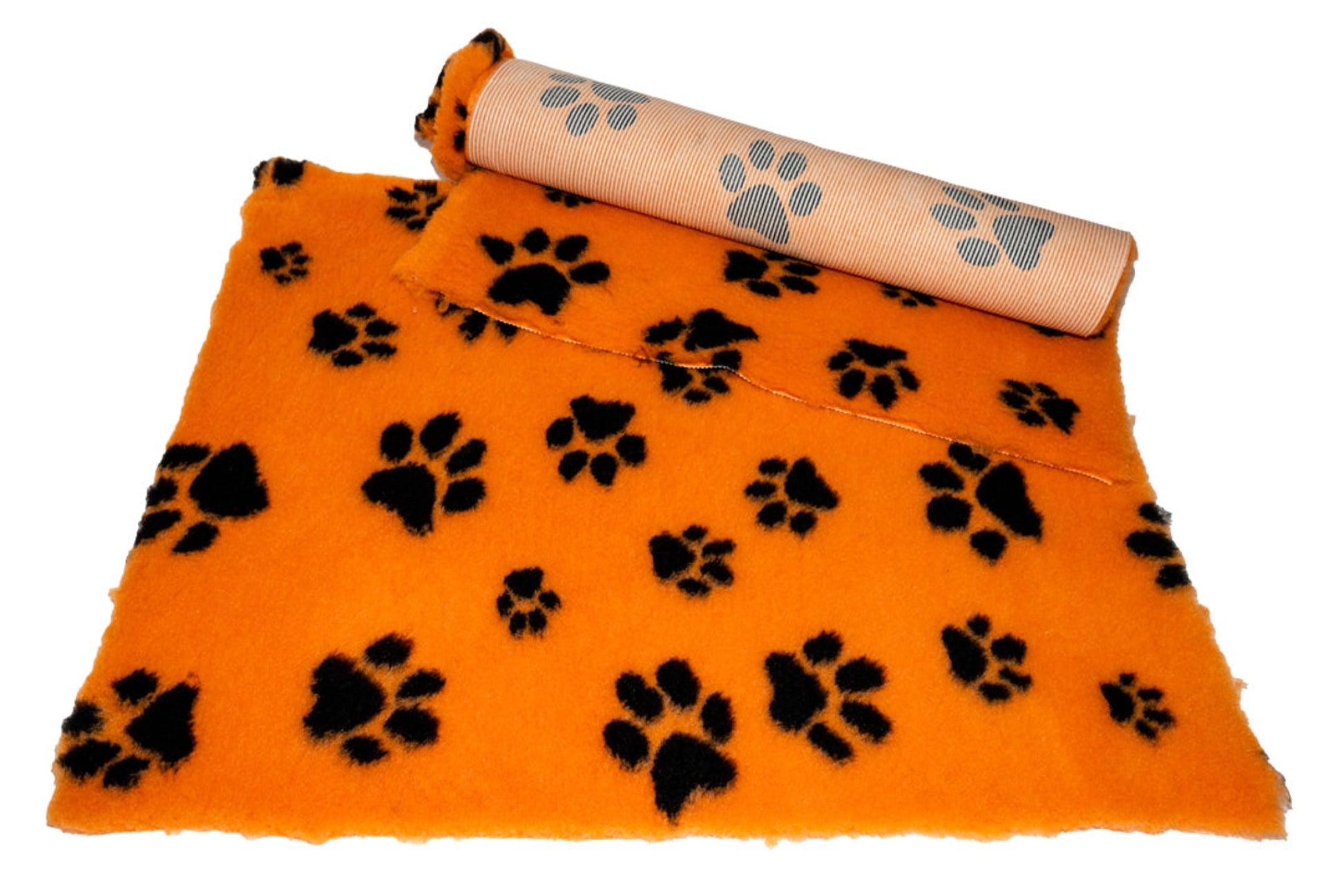 Vet Bed - Rubber Backed - Orange with Black Designer Paws